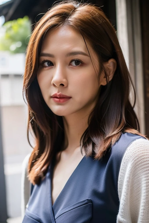 Best quality,masterpiece,ultra high res,photorealistic,japanese street alley,dynamic pose,face closeup,
<lora:amber_an:0.8>,(cleavage:0.4),brown hair,long hair,looking_at_viewer,medium breasts,