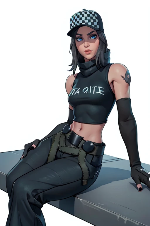 masterpiece,best quality,face detail,extreme detail,8k,white background,<lora:veronika:0.6>,veronikafn,1girl,solo,looking at viewer,blue eyes,simple background,gloves,hat,navel,bare shoulders,sleeveless,elbow gloves,midriff,belt,pants,fingerless gloves,nail polish,crop top,black headwear,tattoo,black nails,baseball cap,green pants,cowboy_shot,wide hips,sitting,