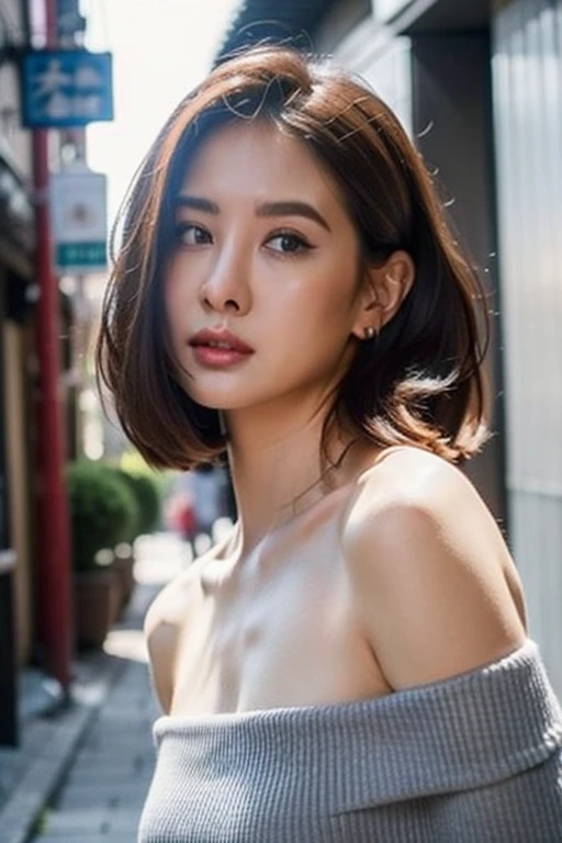 Best quality, masterpiece, ultra high res, (photorealistic:1.2), brown hair, off shoulder, japanese street alley, dynamic pose, face closeup
<lora:amber_an:0.8>,