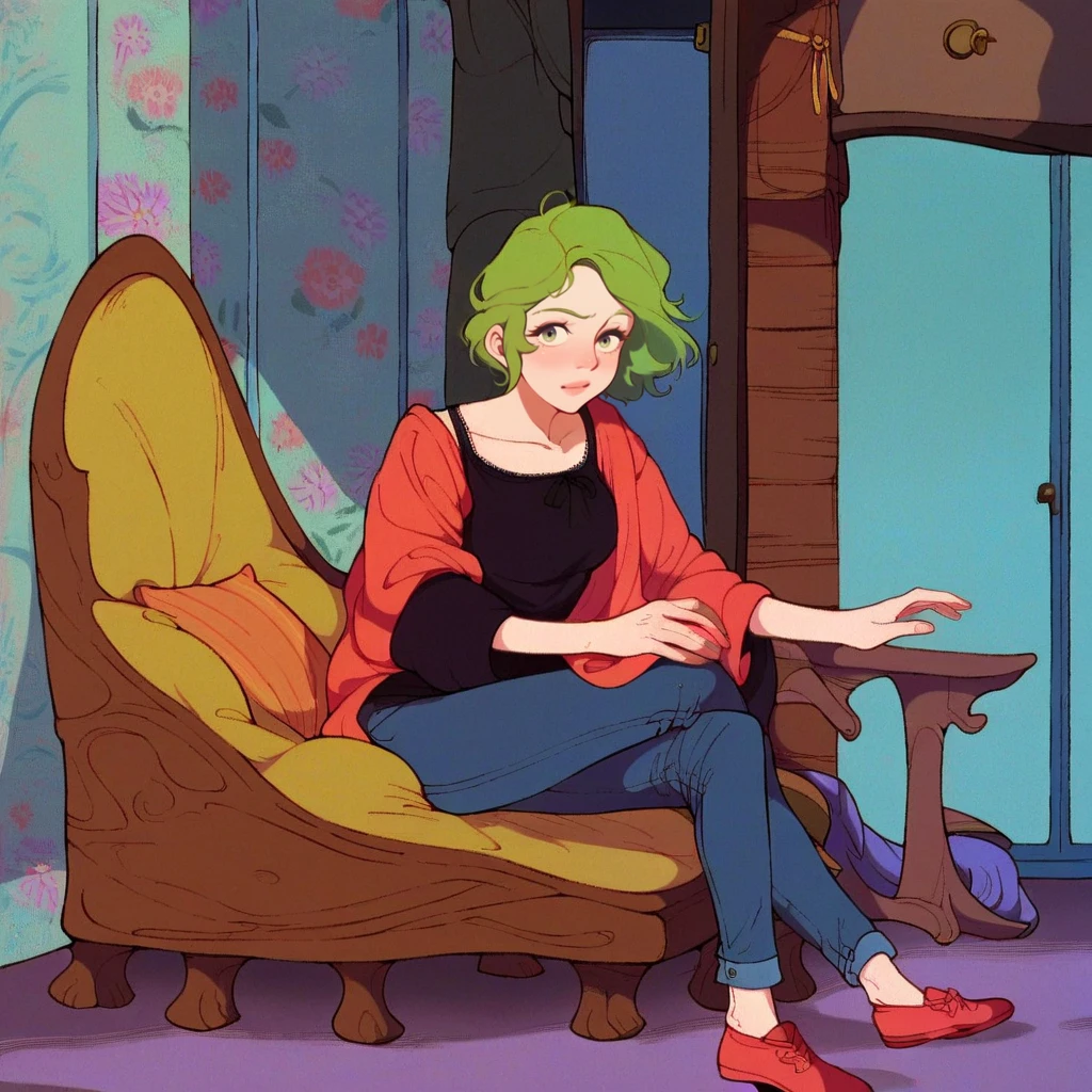 score_9, score_8_up, score_7_up, score_6_up, score_5_up, score_4_up, a girl sitting in a chair in her living room, 1girl, <lora:RankinBassArt_XL:1> rankinbass, blouse, pants, shoes, green hair, detailed background