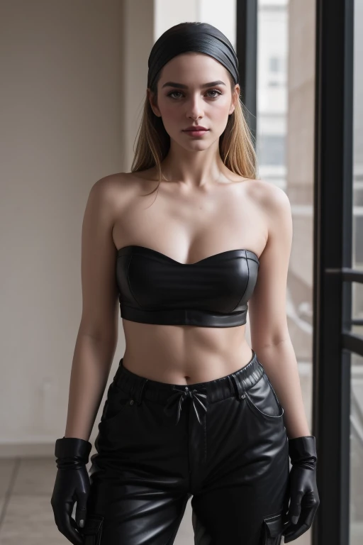 Front bodyshot of 25yo European woman, blonde hair, serious, (amazing skin detail: 1.4), (natural skin: 1.2), (pores: 0.6), makeup, (detailed eyes: 1.2), black background, studio, light border, dark atmosphere, (bokeh: 1.2), photography, cinematic, photorealistic, ultrarealistic, fit girl, skintight top, skirt, perfect figure, medium chest