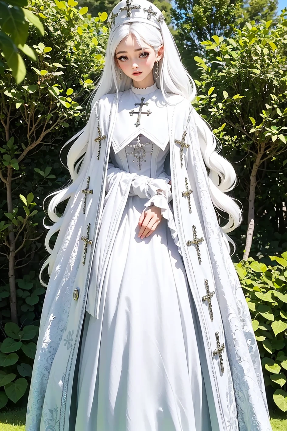top-quality、masterpiece、white hair、Gold Eye、white clothes、look up to、Hair strands、light skinned、Side braid、a miniskirt、Delicate body、smart、Crown of the Pope、