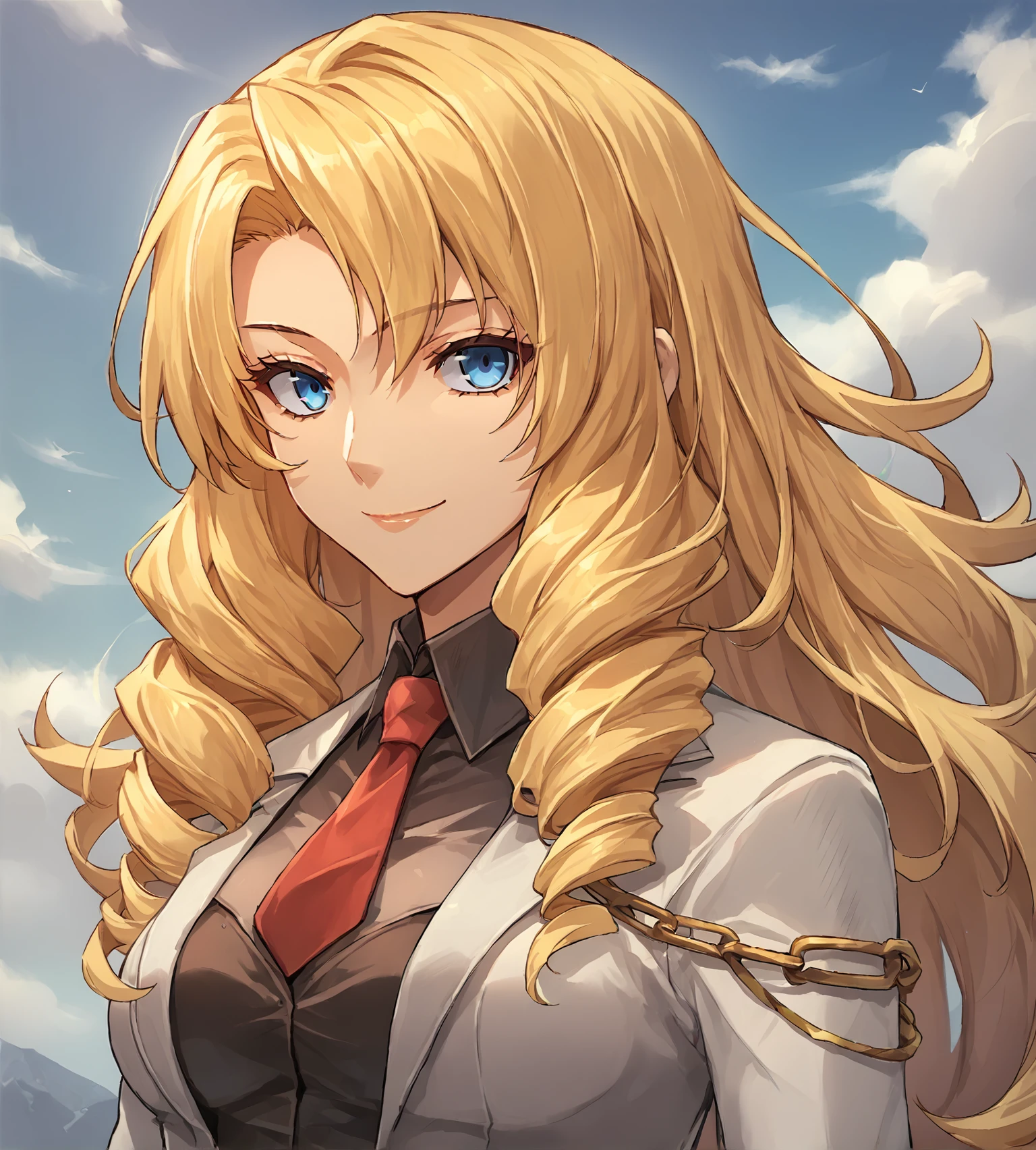 score_9, score_8_up, score_7_up, score_6_up, score_5_up, score_4_up, BREAK,
source_anime, rating_safe
<lora:TrailsFromZeroToAzure:0.9>, Ilya Platiere, long hair, blonde hair, drill hair, blue eyes, medium breasts, white top, black undershirt, red necktie, grey pants, red high heels, golden chain, jewelry,
looking at viewer, smile, upper body, portrait,
1girl, outdoors, sky, clouds, distant mountains,