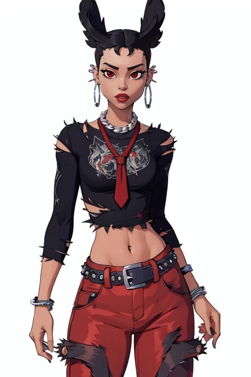masterpiece,best quality,face detail,extreme detail,8k,white background,<lora:camille:0.6>,camillefn,1girl,solo,looking at viewer,simple background,shirt,black hair,red eyes,animal ears,jewelry,earrings,midriff,belt,pants,necklace,bracelet,torn clothes,black shirt,piercing,ear piercing,spikes,spiked bracelet,red pants,wide hips,cowboy_shot,