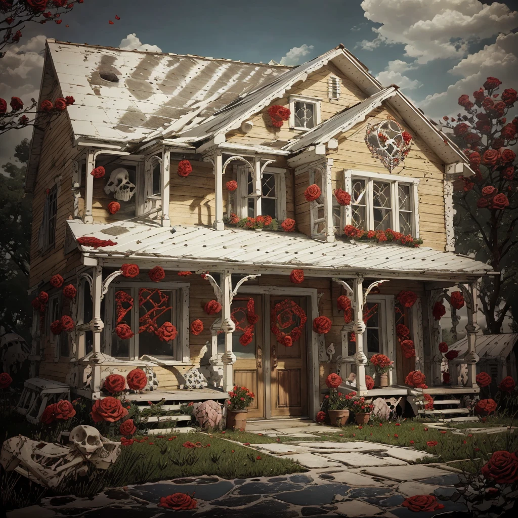 GratefulAI  house made out of bones(skeleton:1.2) with red roses, bears, volumetric lighting, beautiful summer day, bright and colorful, psychedelic, bloom, hdr, absurdres, light shafts, daytime, hyperrealism, rendered in unreal engine <lora:GratefulAI:.8>