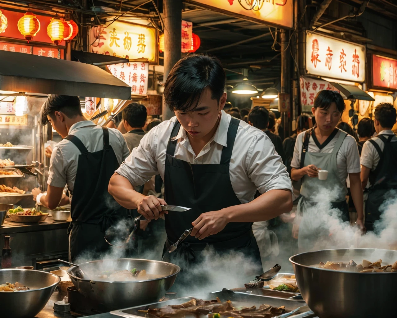 best quality,masterpiece,highly detailed,ultra-detailed,
<lora:neg4all_bdsqlsz_V3.5:-1>,
<lora:Taiwansnightmarkets:1>
Taiwans night markets, food, steam, short hair, multiple boys, black hair, indoors, solo focus, shirt, cup, apron, knife, male focus, holding, bowl, bottle, facial hair