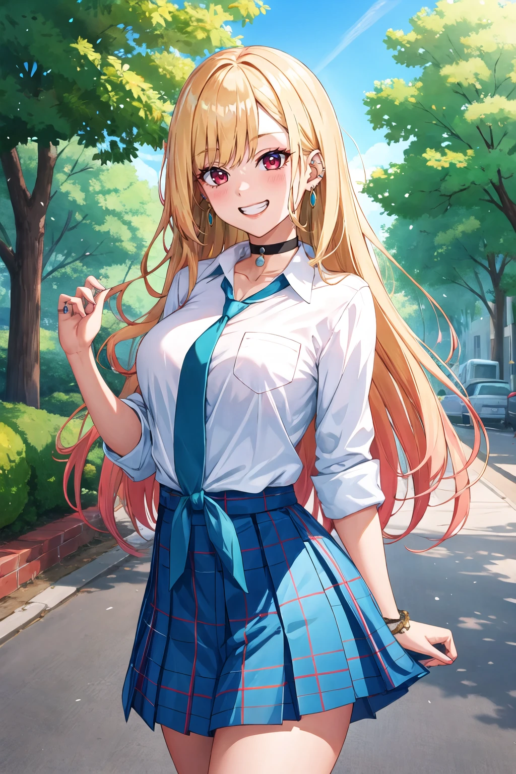 masterpiece, best quality, highres, kitagawa marin, 1girl, blonde hair, long hair, multicolored hair, red eyes, jewelry, earrings, piercing, school uniform, white shirt, tied shirt, black choker, blue necktie, plaid skirt, <lora:kitagawa_marin_v1-1:0.7>, grin, smile, standing, cowboy shot, outdoors, blue skirt <lora:Tangobag-Style-Locon:1>