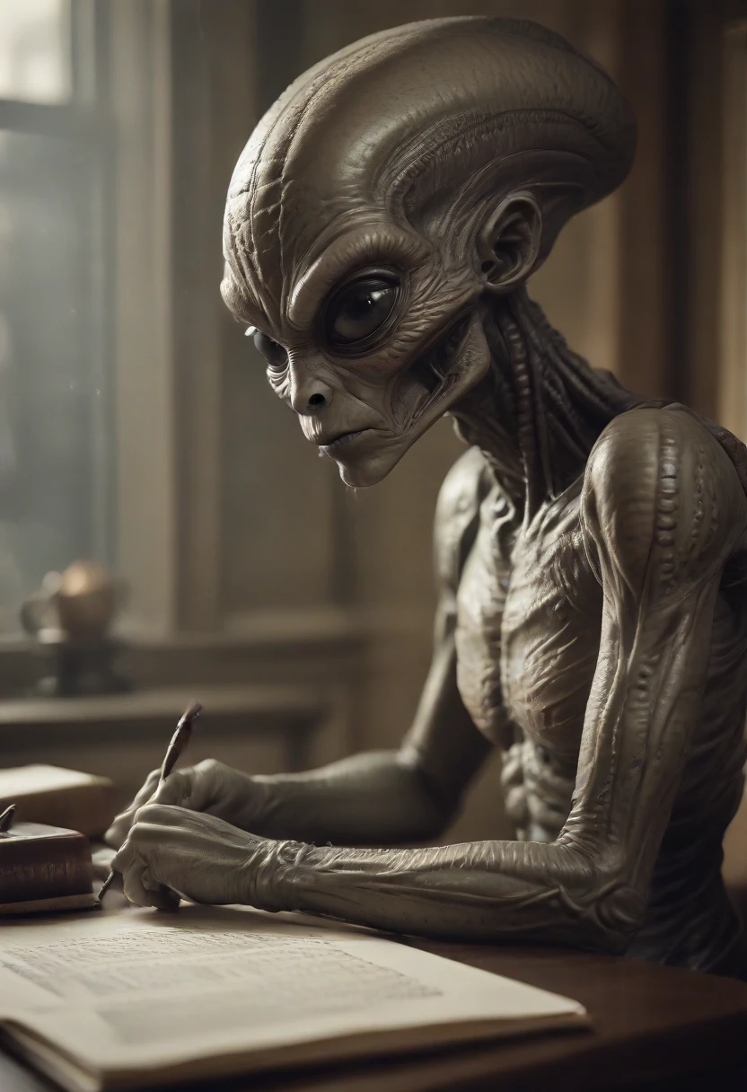 award winning photo of an alien writing poetry