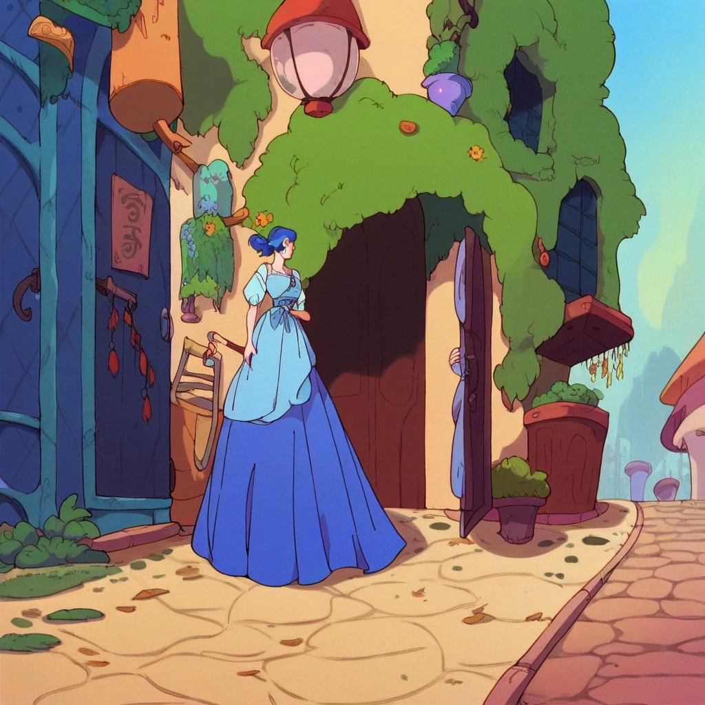 score_9, score_8_up, score_7_up, score_6_up, score_5_up, score_4_up, a girl walking through town at noon, 1girl, <lora:RankinBassArt_XL:1> rankinbass, long dress, blue hair, detailed background