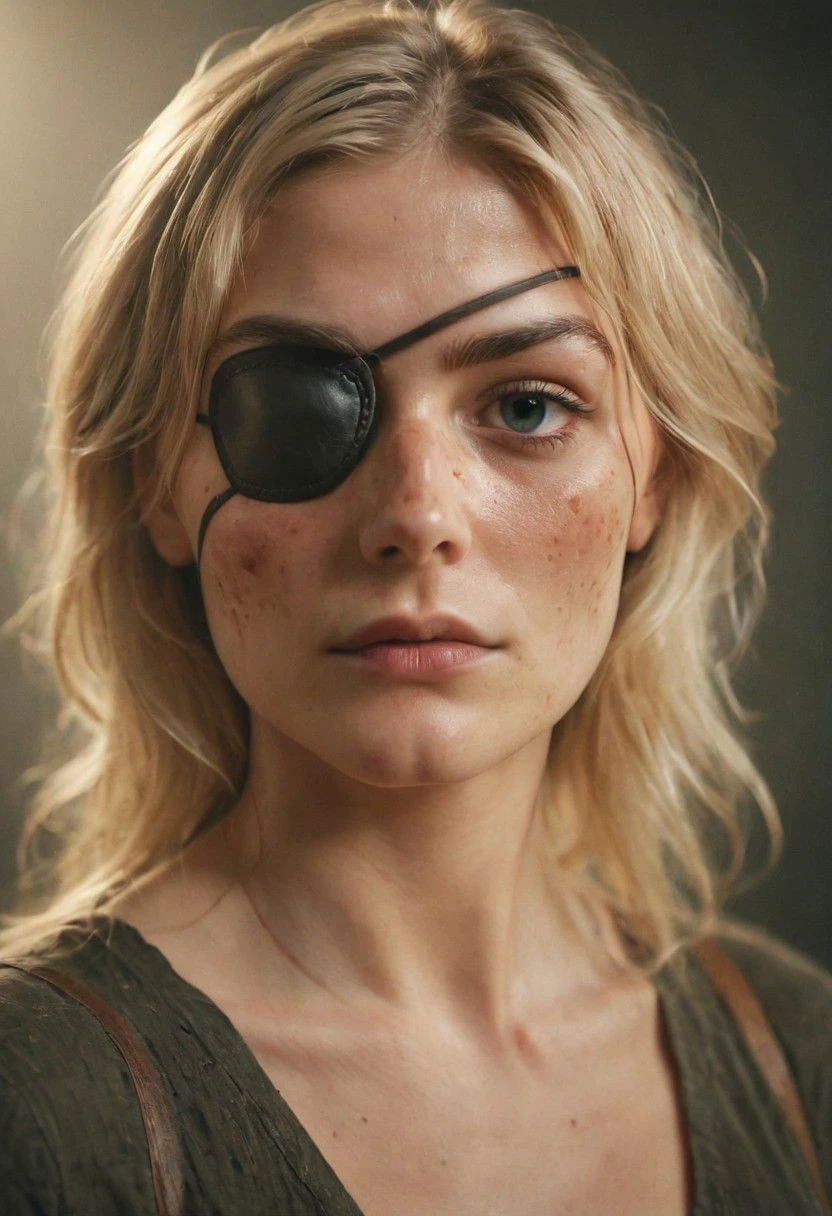 freckled blonde woman with leather eye-patch with skull print on it,
,very detailed, raw photo, photorealistic, high detailed texture, 8k uhd, dslr, soft lighting, high quality, film grain, Fujifilm XT3, highly detailed photography, atmospheric haze, Film grain, cinematic film still, shallow depth of field, highly detailed, high budget, cinemascope, moody, epic, OverallDetail, gorgeous, 2000s vintage RAW photo, photorealistic, candid camera, color graded cinematic, eye catchlights, atmospheric lighting, skin pores, imperfections, natural, shallow dof