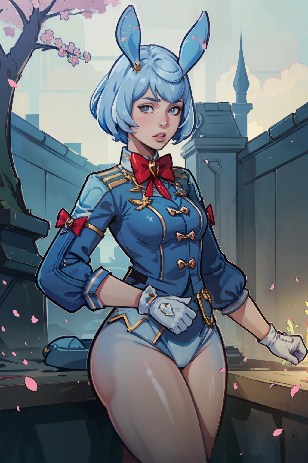 (2d:1.2), wide shot, (dynamic angle:1.1), outline, ((thick lineart)), cover, stylish, official art, (details:1.2), (fantasy), garden, (bloom:1.1), glow:0.2, shadow, nature, cherry blossoms, particles, (depth of field), sharp focus, (volumetric lighting), (bokeh:0.6), film grain:0.4, day, (soft lighting:1.1), mlzs, long sleeves, animal ears, short hair, bangs, blue hair, gloves, white gloves bow, red bow, (blue) shirt, (blue) jacket, looking at viewer <lora:Melusine_GI_10_01:0.8>