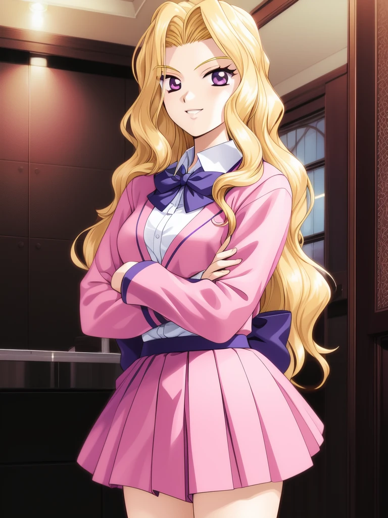 eri, 1girl, solo, long_hair, breasts, looking_at_viewer, smile, bangs, blonde_hair, large_breasts, gloves, indoor, dress, bow, ribbon, holding, cleavage, bare_shoulders, brown_eyes, medium_breasts, closed_mouth, standing, collarbone, hair_ribbon, hair_bow, strapless, wavy_hair, formal, strapless_dress, purple_dress, arm_behind_back
