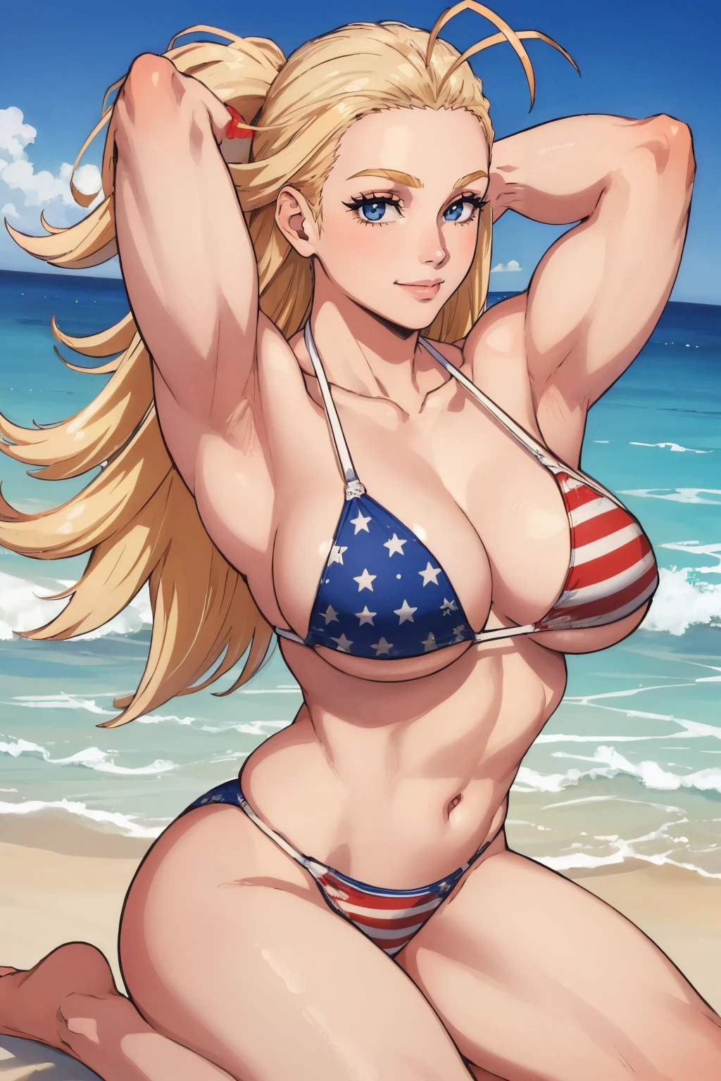 (masterpiece, best quality:1.2), solo, 1girl, starandstripe, muscular, smile, looking at viewer, seiza, arms behind head, antenna hair, american flag bikini, large breasts, beach <lora:mha_starandstripe:1>