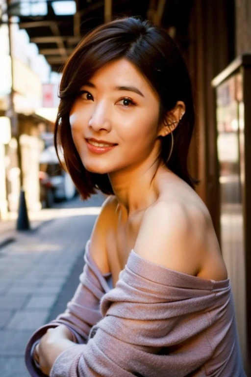 Best quality,masterpiece,ultra high res,(photorealistic:1.2),brown hair,off shoulder,japanese street alley,dynamic pose,face closeup,<lora:tarcy_su:0.9>,