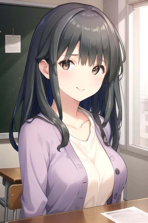 ((masterpiece)),(best quality),official art,extremely detailed CG,unity 8k wallpaper,ultra detailed,beautiful detailed eyes,extremely detailed face,classroom,1girl,solo,upper body,(portrait:1.5),looking at viewer,facing viewer,smile,Sakakibara Ai,very long hair,black hair,shiny hair,straight hair,hair intakes,sidelocks,floating hair,bangs,brown eyes,collarbone,purple cardigan,white shirt,long sleeves,open clothes,medium breasts,long skirt,black skirt,white pantyhose,pleated skirt,loafers,<lora:Sakakibara Ai(umed)>,