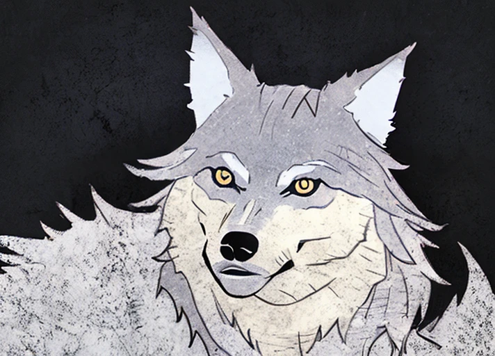 (a wolf:1.3), simple black background, <lora:divcards:0.7>, big head, big eyes, caricature, a caricature, rendering, (figurativism:0.8)