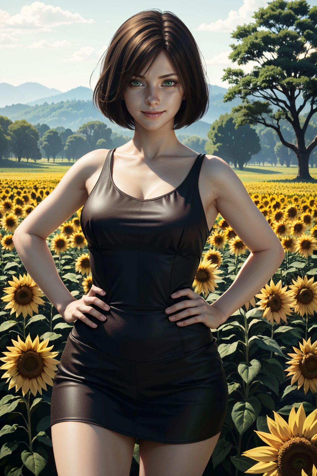 ((ultra detailed, masterpiece, absurdres))
<lora:SH4Eileen:0.8>
SH4Eileen, brown hair, green eyes, bob cut, surrounded by sunflowers in a bright field, smiling, with hands on hips