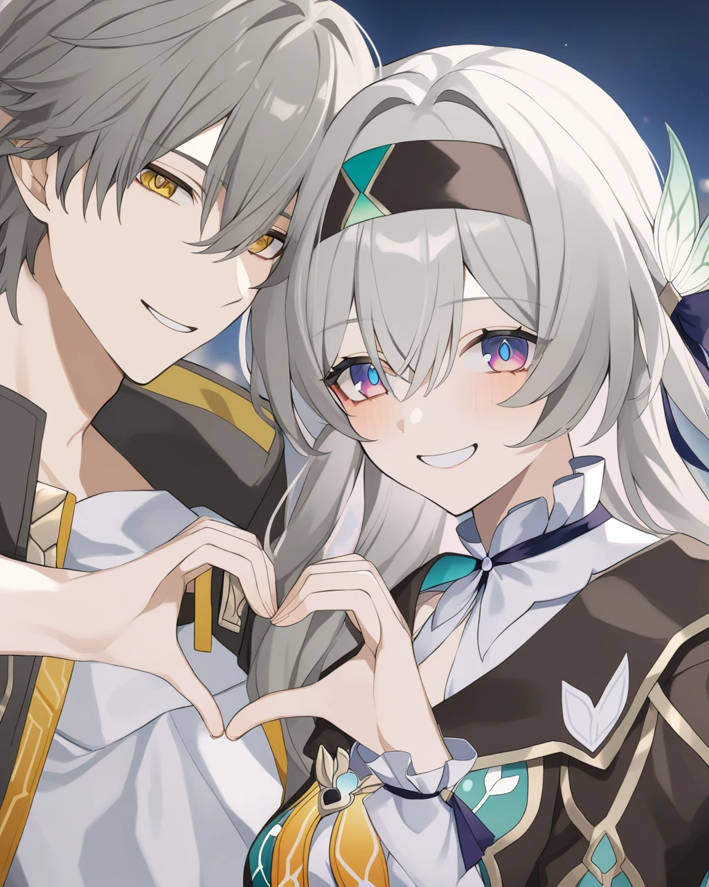 masterpiece,best quality,<lora:firefly_new:1>,11boy,1girl,portrait,heart hands,heart hands duo,grin,smile,grey hair,long hair,hair ornament,medium breasts,breasts,caelus \(honkai: star rail\),commentary request,firefly \(honkai: star rail\),hair between eyes,headband,heart,honkai: star rail,honkai \(series\),looking at viewer,purple eyes,raimu \(asarisigimi\),trailblazer \(honkai: star rail\),