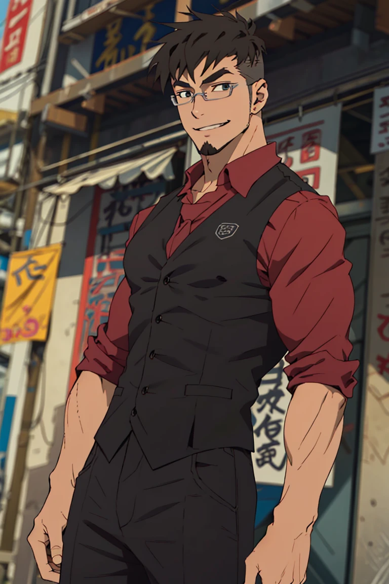 (1 image only), solo male, Jay Chiang, Great Pretender Razbliuto, Asian, Taiwanese, modern Taipei city, 2d, anime, flat, black hair, short hair, high fade, goatee, thick eyebrows, brown eyes, silver glasses, (pure red collared shirt, red sleeves rolled up), silver necktie, black vest,pants, socks, leather shoes, smile, mature, handsome, charming, alluring, standing, upper body, perfect anatomy, perfect proportions, (best quality, masterpiece), (perfect eyes:1.2), perfect hands, high_resolution, dutch angle, cowboy shot,<lora:EMS-303013-EMS:0.900000>