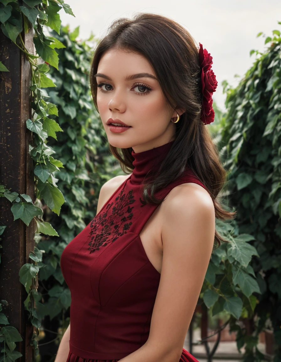 Shot From Below, (Vintage Charm:1.3), Visualize a (upper body shot:1.5) portrait of a woman wear (red|wine:1.5) (wedding|dress cutout:1.5), hair veil, turtleneck dress, nice detailed hair , (looking at viewer:1.1), muted lighting that adds to the nostalgic and romantic feel of the image. Vibrant color, The light should be diffused and warm, creating a sense of red old-fashioned charm and elegance. location at Secret Garden Gate Covered in Ivy. detailed hair, detailed face, detailed eyes, detailed texture skin