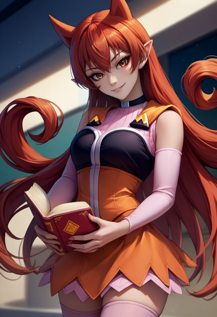 score_9, score_8_up, score_7_up, source_anime, solo, 1girl, azazel ameri, slight smile, looking at viewer, holding book, hair horns, sleeveless shirt, detached sleeves, skirt, thighhighs <lora:iruma-kun_azazel_ponyXL:1>