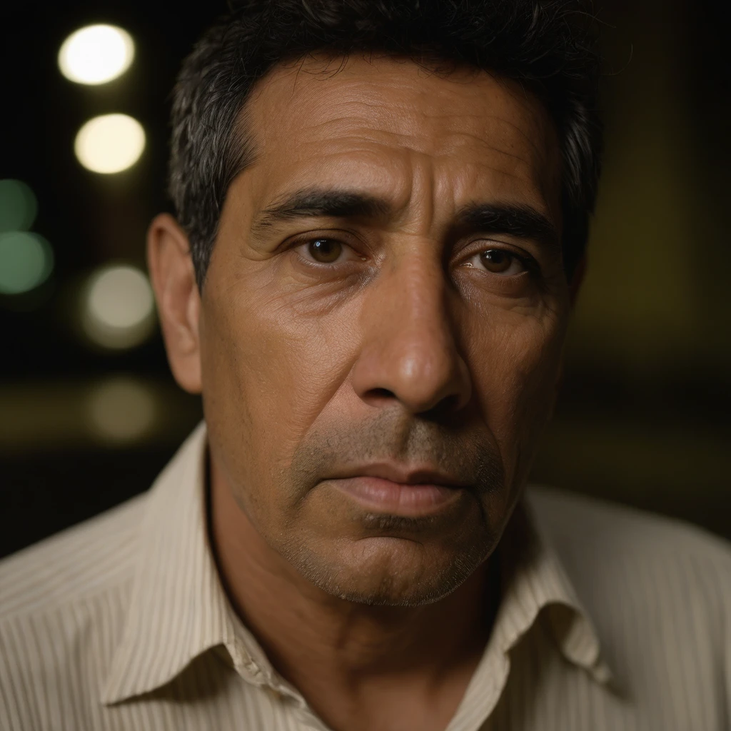 2010 photograph of Ramiro, a worried, olive-skinned man, 40 years of age at night.