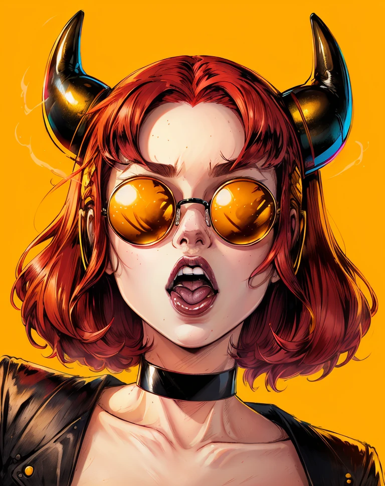 by Bruno Ferreira, a woman with red hair and yellow glasses with horns on her head, wearing a black choker, open mouth <lora:pop_art_dataset-11:.6>