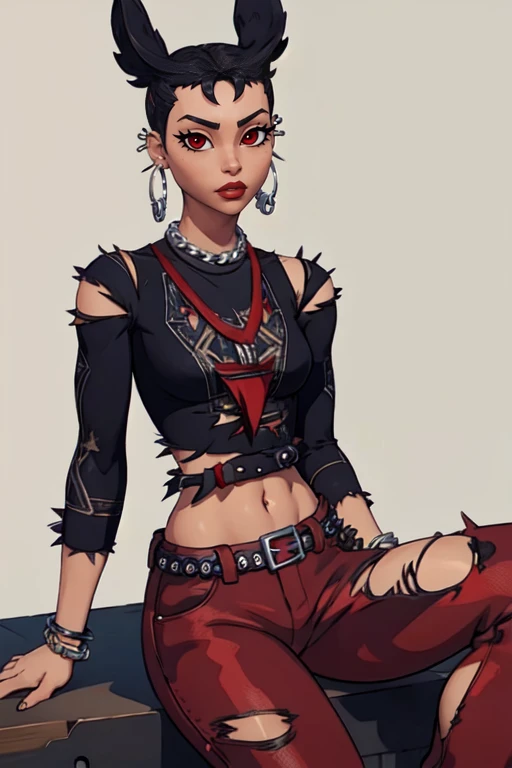 masterpiece,best quality,face detail,extreme detail,8k,<lora:camille:0.6>,camillefn,1girl,solo,looking at viewer,simple background,shirt,black hair,red eyes,animal ears,jewelry,earrings,midriff,belt,pants,necklace,bracelet,torn clothes,black shirt,piercing,ear piercing,spikes,spiked bracelet,red pants,wide hips,cowboy_shot,sitting,