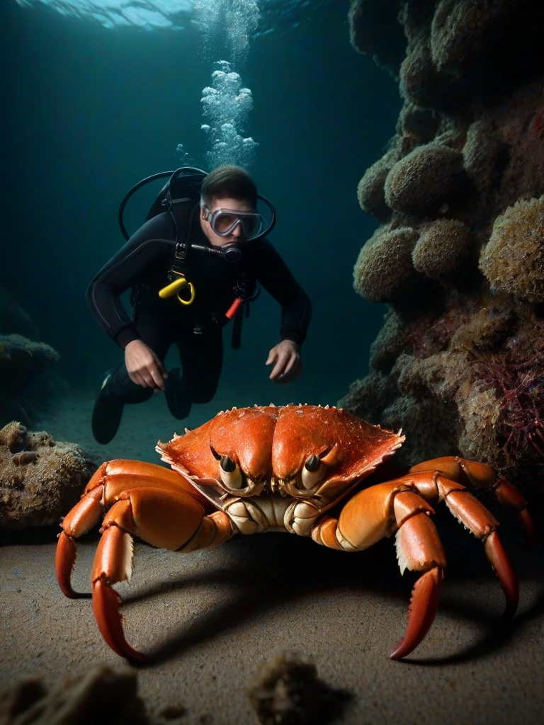 Hermit crab on sandy sea bottom. Barbie doll with scuba gear. Crab plays with the doll. Underwater
