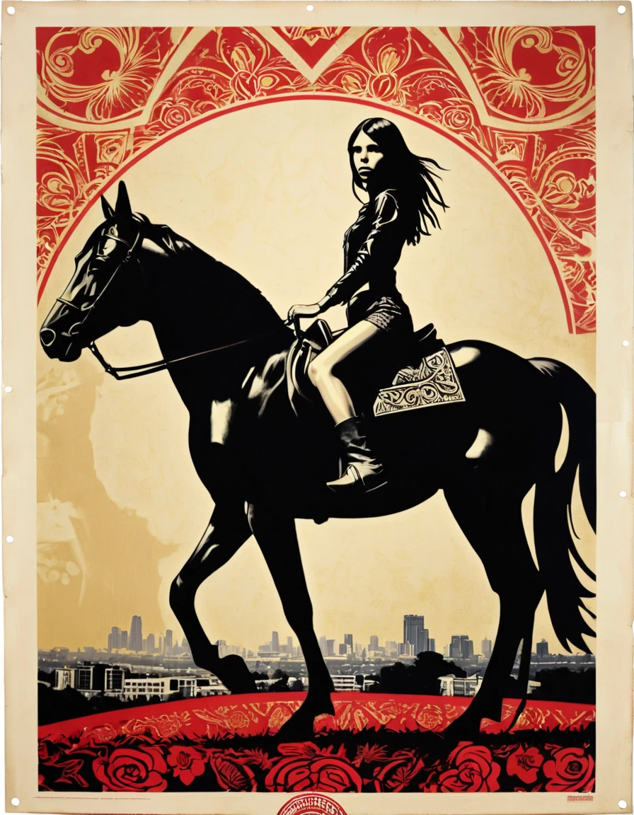 an underexposed creation by Shepard Fairey of a woman looking like eleaxl6 riding a horse