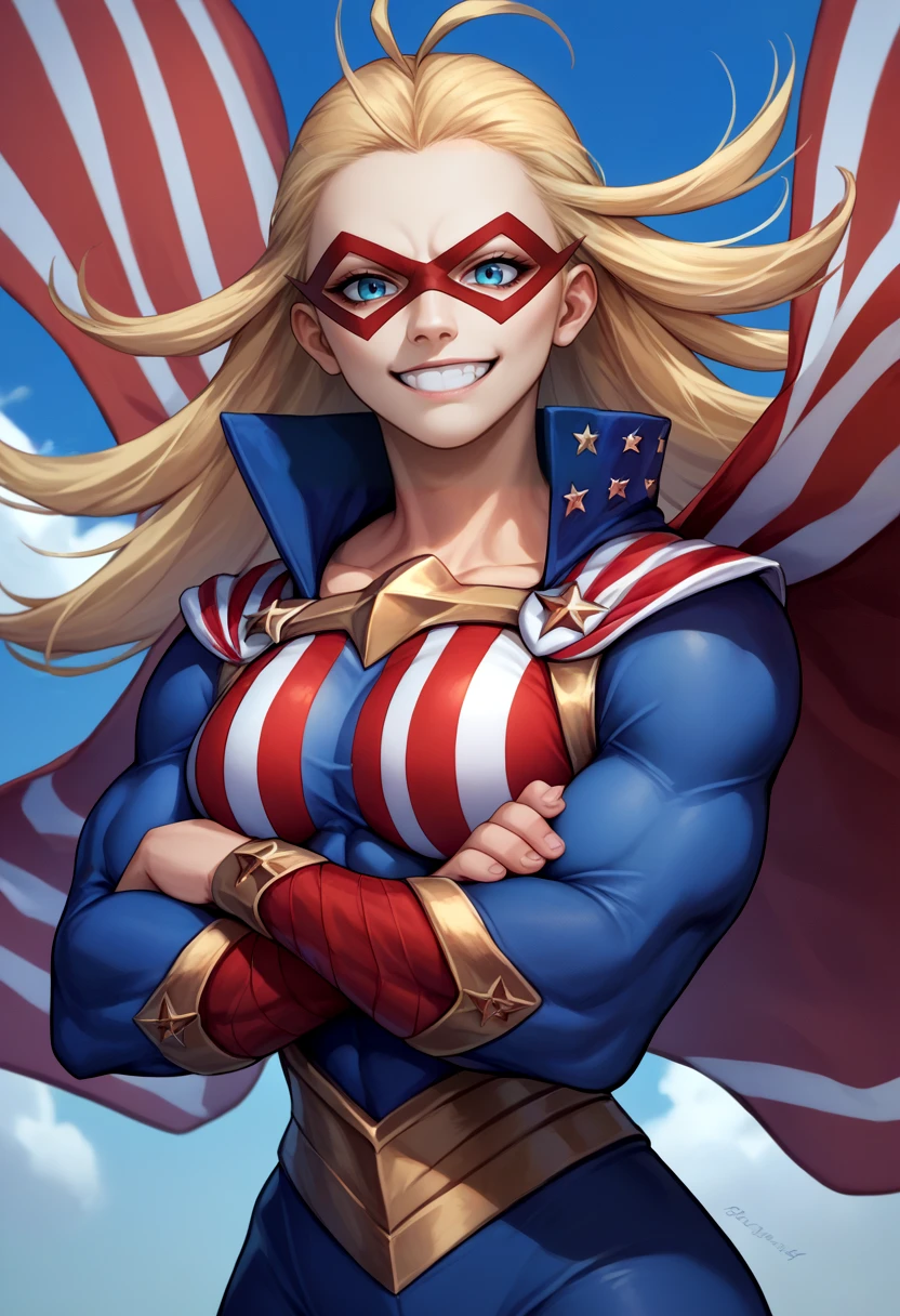 score_9, score_8_up, score_7_up, source_anime, solo, 1girl, starandstripe, grin, looking at viewer, crossed arms, antenna hair, domino mask, american flag print, striped bodysuit, red cape, blue sky <lora:mha_starandstripe_ponyXL:1>