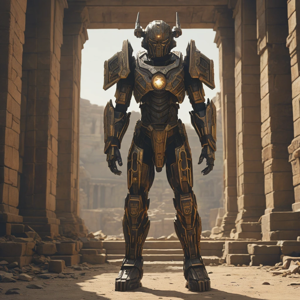 A cinematic film still of Protector De Tecnohuacan, a black and gold Aztec-inspired sci-fi mecha suit in ancient ruins.