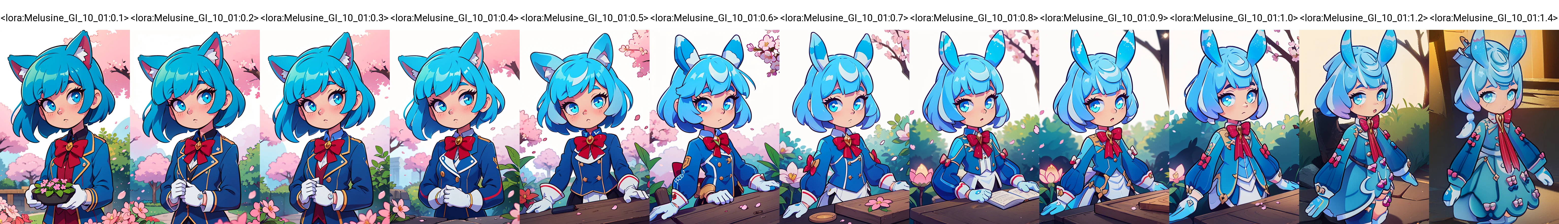 (2d:1.2), wide shot, (dynamic angle:1.1), outline, ((thick lineart)), cover, stylish, official art, (details:1.2), (fantasy), garden, (bloom:1.1), glow:0.2, shadow, nature, cherry blossoms, particles, (depth of field), sharp focus, (volumetric lighting), (bokeh:0.6), film grain:0.4, day, (soft lighting:1.1), mlzs, long sleeves, animal ears, short hair, bangs, blue hair, gloves, white gloves bow, red bow, (blue) shirt, (blue) jacket, looking at viewer <lora:Melusine_GI_10_01:0.1>