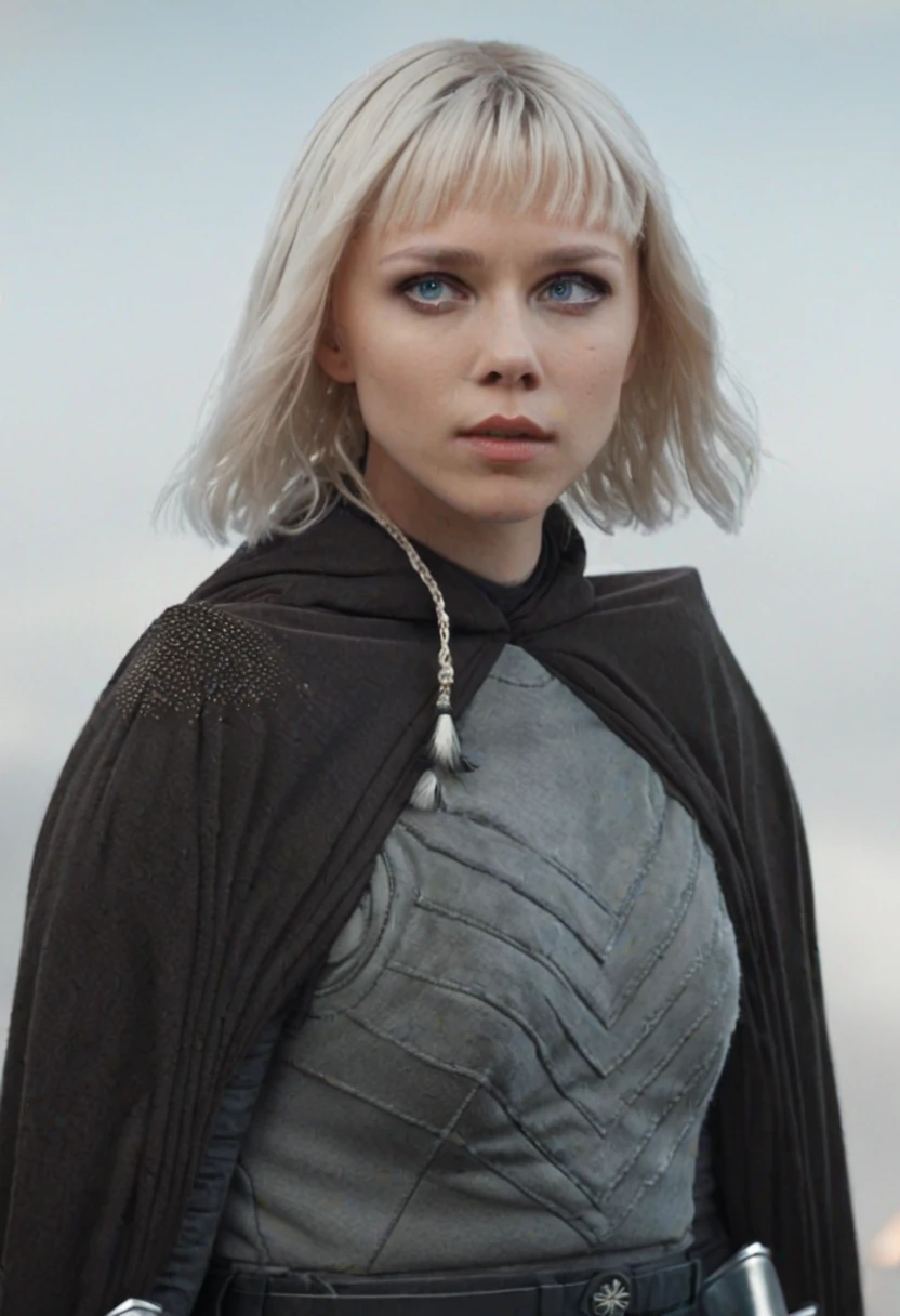 <lora:ShinHati_XL:1> real, atmospheric scene, masterpiece, best quality (detailed face, detail skin texture, ultra-detailed body), 24mm, 4k textures, soft cinematic light, solo, armor, cape, blonde hair, outdoors, blue eyes, breastplate, standing, realistic, short hair, day, black cape, bangs, sky, belt, blurry, closed mouth, blurry background, lips, gloves