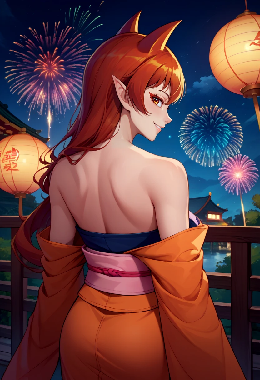 score_9, score_8_up, score_7_up, source_anime, from behind, solo, 1girl, azazel ameri, slight smile, looking back, hair horns, orange kimono, off shoulder, pink sash, bare shoulders, fireworks <lora:iruma-kun_azazel_ponyXL:1>
