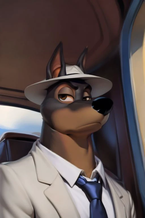 (by Meesh:1), (by darkgem:0.8), (by chunie:1), masterpiece, looking at viewer, detailed fur, (detailed pixar eyes:1.2), detailed eyes, male, anthro, <slora:add_detail:0.4>, (Martin Torque), (Doberman), (Suit), (Fedora)