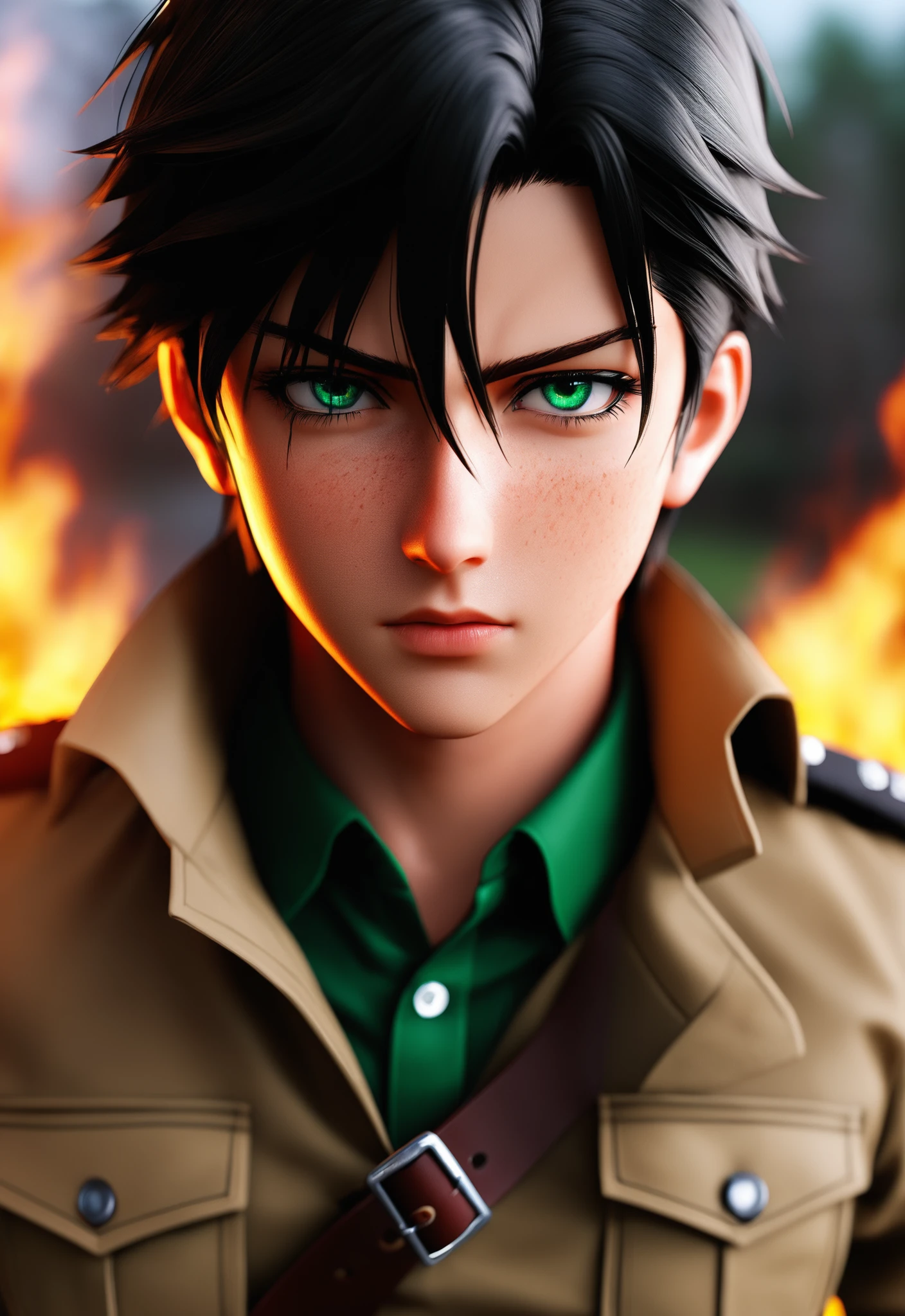 i want the whole image to be created in 3D anime style, solo, looking at viewer, short hair, blue eyes, shirt, black hair, long sleeves, 1boy, green eyes, jacket, male focus, open clothes, collared shirt, belt, blurry, uniform, open jacket, blood, blurry background, fire, freckles, brown jacket, blood on face, realistic, emblem, dirty, paradis military uniform, embers, dirty face, survey corps (emblem), green capelet