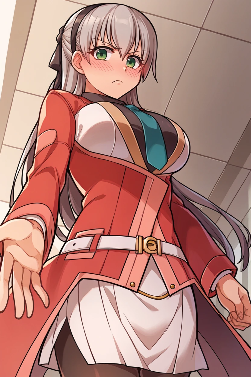 score_9, score_8_up, source_anime, 1girl BREAK <lora:elie-pdxl-nvwls-v1-000006:1> cs4elie, hairband, hair ribbon, green necktie, red coat, belt, white skirt, pantyhose, large breasts, from below, blush, looking at viewer, frown, hallway