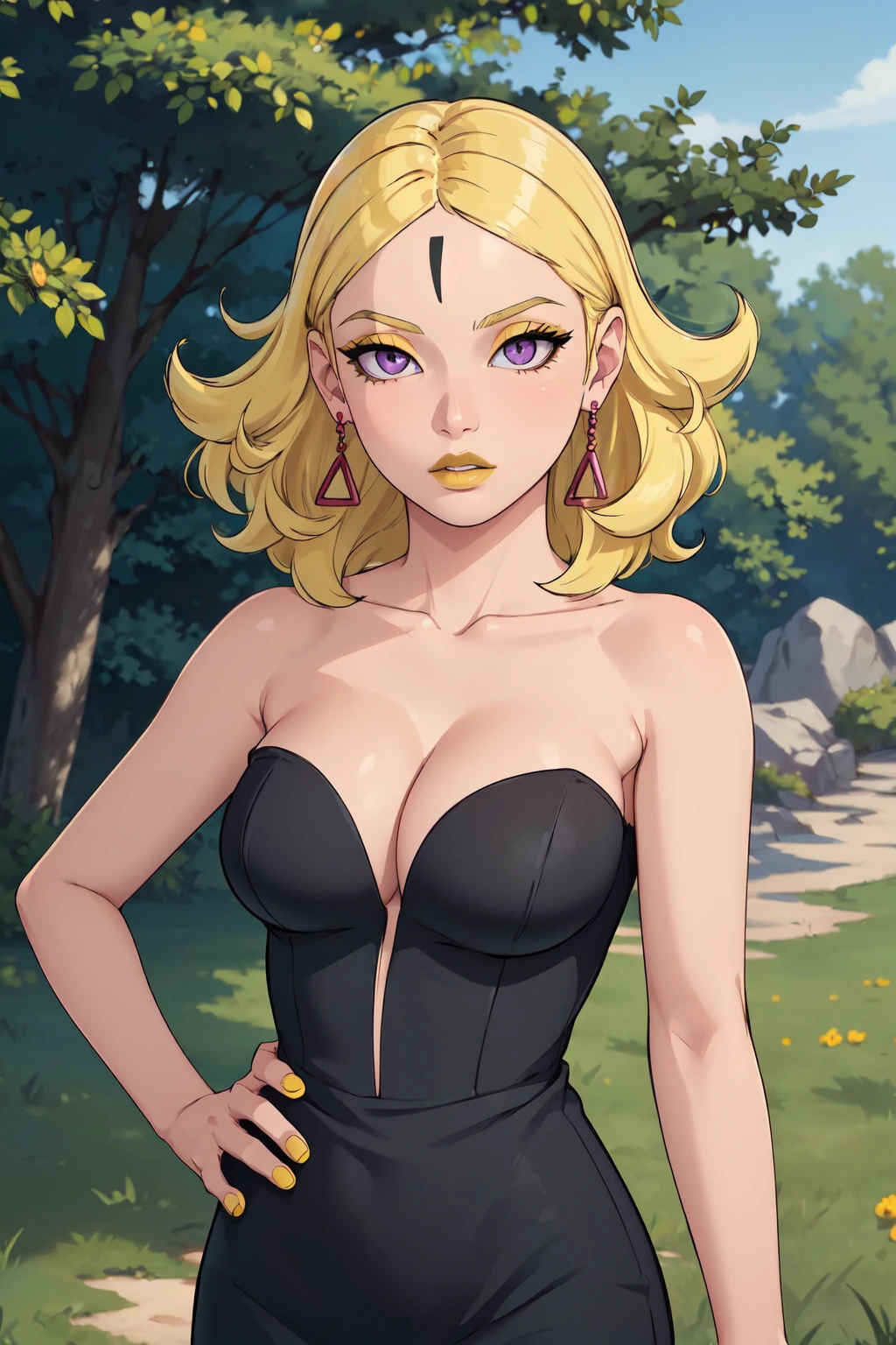 (masterpiece, best quality:1.3), Delta, yellow eyeshadow, looking at viewer, standing, upper body, blonde hair, purple eyes, earrings, black dress, bare shoulders, collarbone, strapless, sleeveless, medium breasts, cleavage, (skindentation:1.3), yellow nails, nail polish, shiny skin, hand on hip, solo, yellow lips, outdoors, (detailed, highres:1.4)