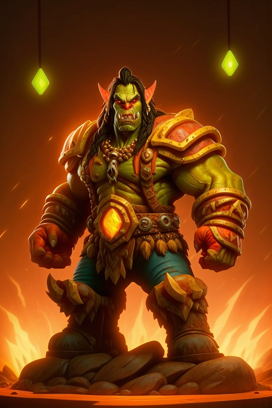 green hyper muscular orc warrior wearing battle armor, bara chest, aggressively flexing, most muscular pose, detailed skin, skin blemishes, lighting should be warm and inviting, casting a soft glow and highlighting the rich colors of his flesh, background cinematic Hollywood movie style, light depth of field, vignette, highly detailed, high budget