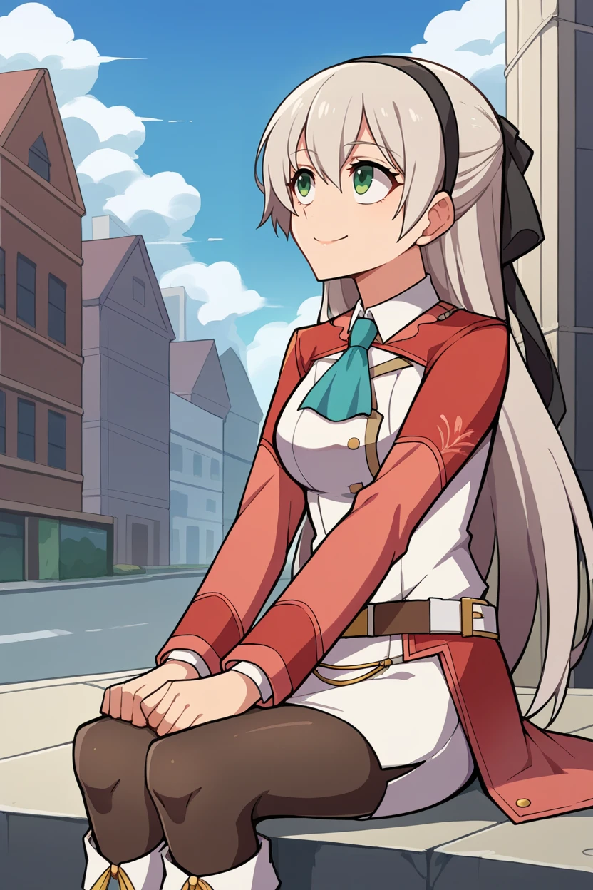 score_9, score_8_up, source_anime, 1girl BREAK <lora:elie-pdxl-nvwls-v1-000006:1> zeroElie, black hairband, hair ribbon, long hair, ascot, uniform, long red sleeves, white dress, pencil skirt, belt, pantyhose, white boots, sitting, blue sky, looking up, smile, city street