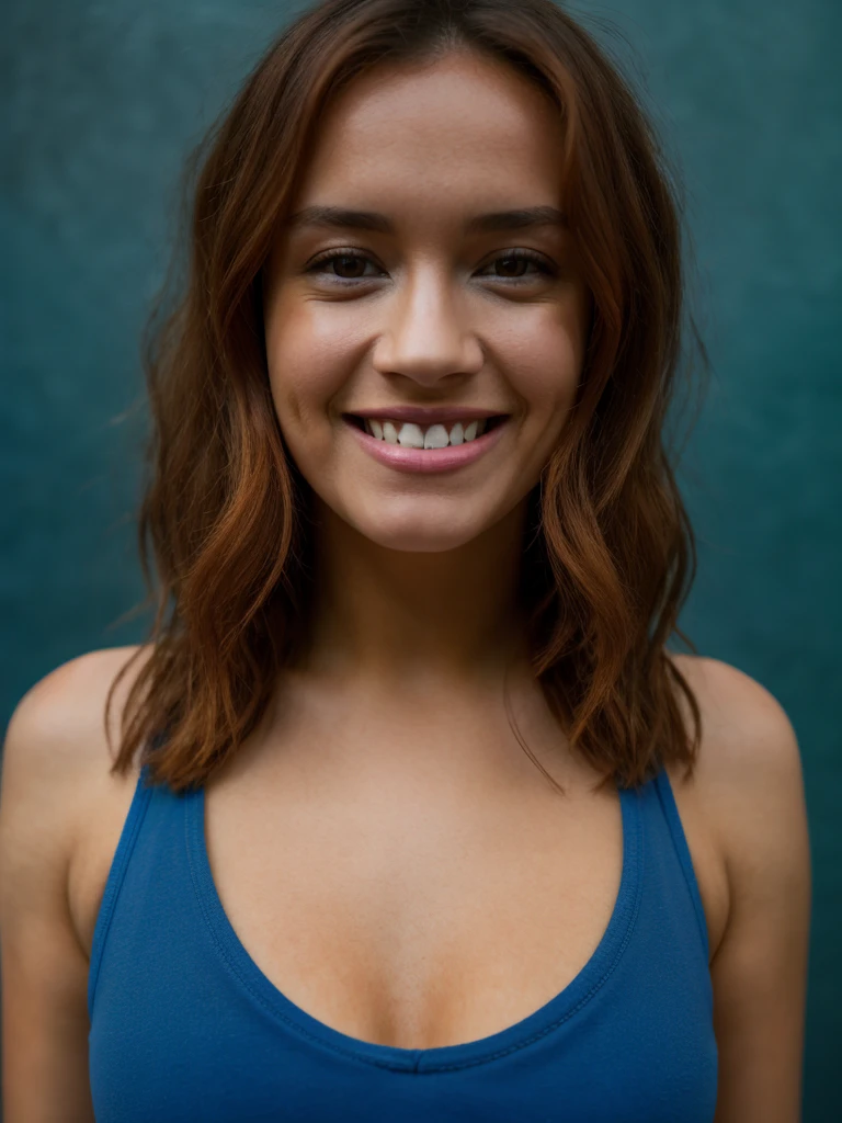 A beautiful 0l1v14c woman, 1girl,solo,long hair,breasts,looking at viewer,smile,tank top.brown hair,brown eyes,medium breasts,teeth,artist name,signature,nail polish,grin,blue background,red nails,realistic,soft lighting, professional Photography, Photorealistic, detailed, RAW, analog, sharp focus, 8k, HD, high quality, masterpiece<lora:0l1v14c:1.0>