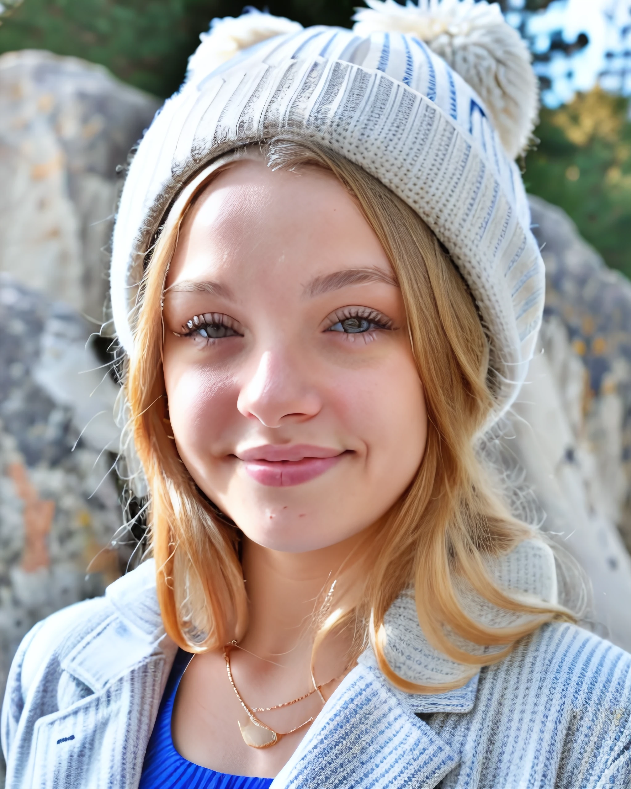 kshay,  portrait, wearing winter coat, wearing knit hat, sharp focus, parted lips, skin details, shiny hair, parted lips, rocks, blue eyes