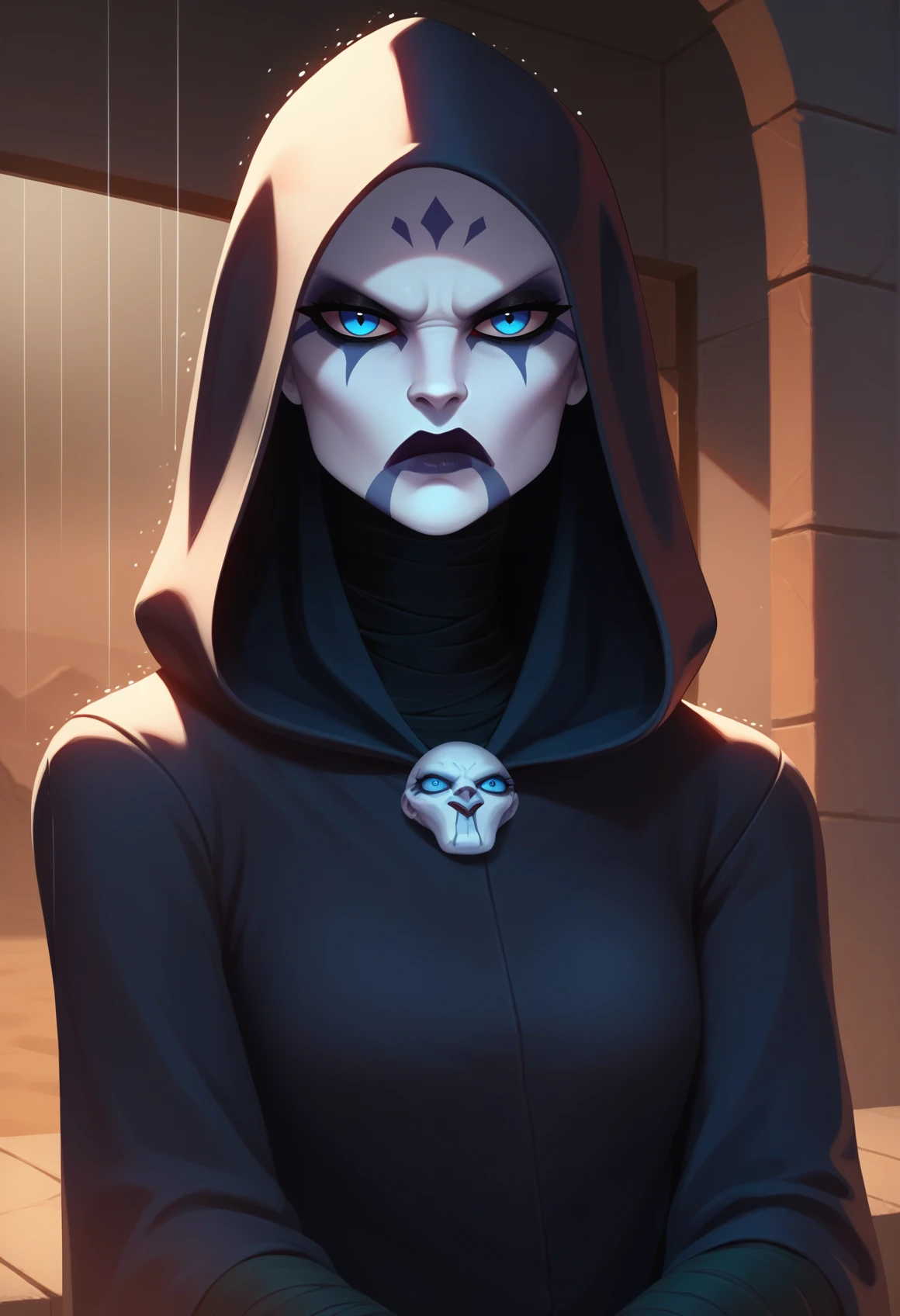 score_9, score_8_up, score_7_up, 1girl, solo, Asajj, blue eyes, grey skin, bald, facial mark, <lora:AsajjVentressPDXL_V1-Manityro-adamw:1.0>, indoors, desert, dark, night, rain, looking at viewer, serious, sith robes, black robes, hood