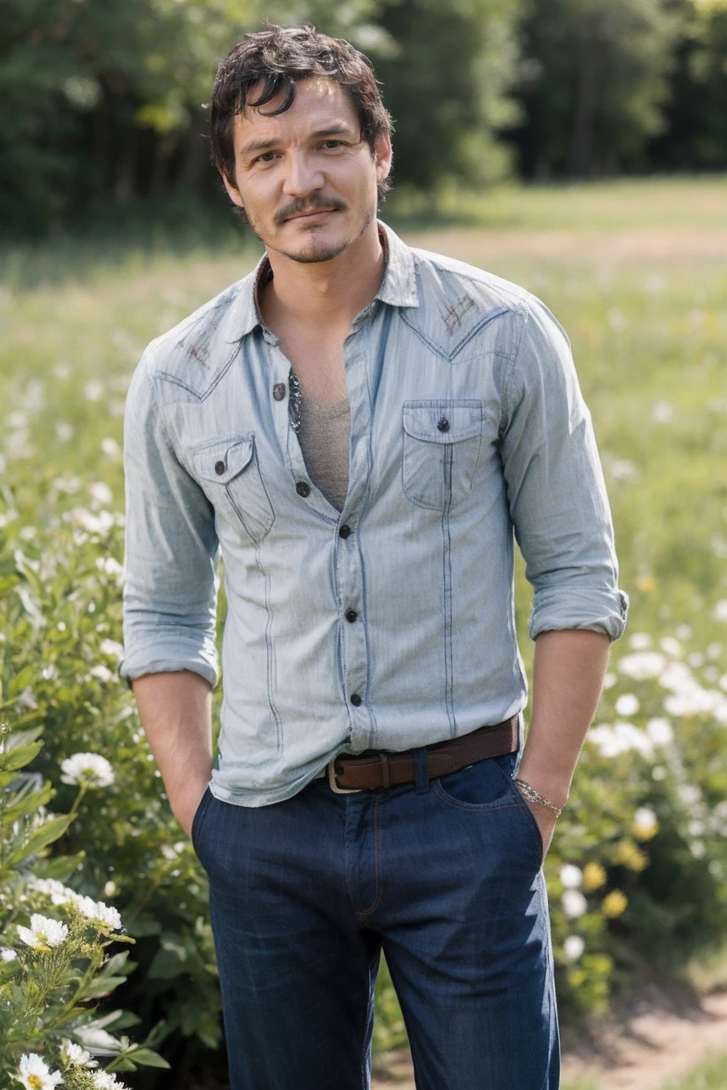 <lora:pedropascal:0.9> pedropascal, a man, Plaid shirt and rolled-up jeans, flowering field