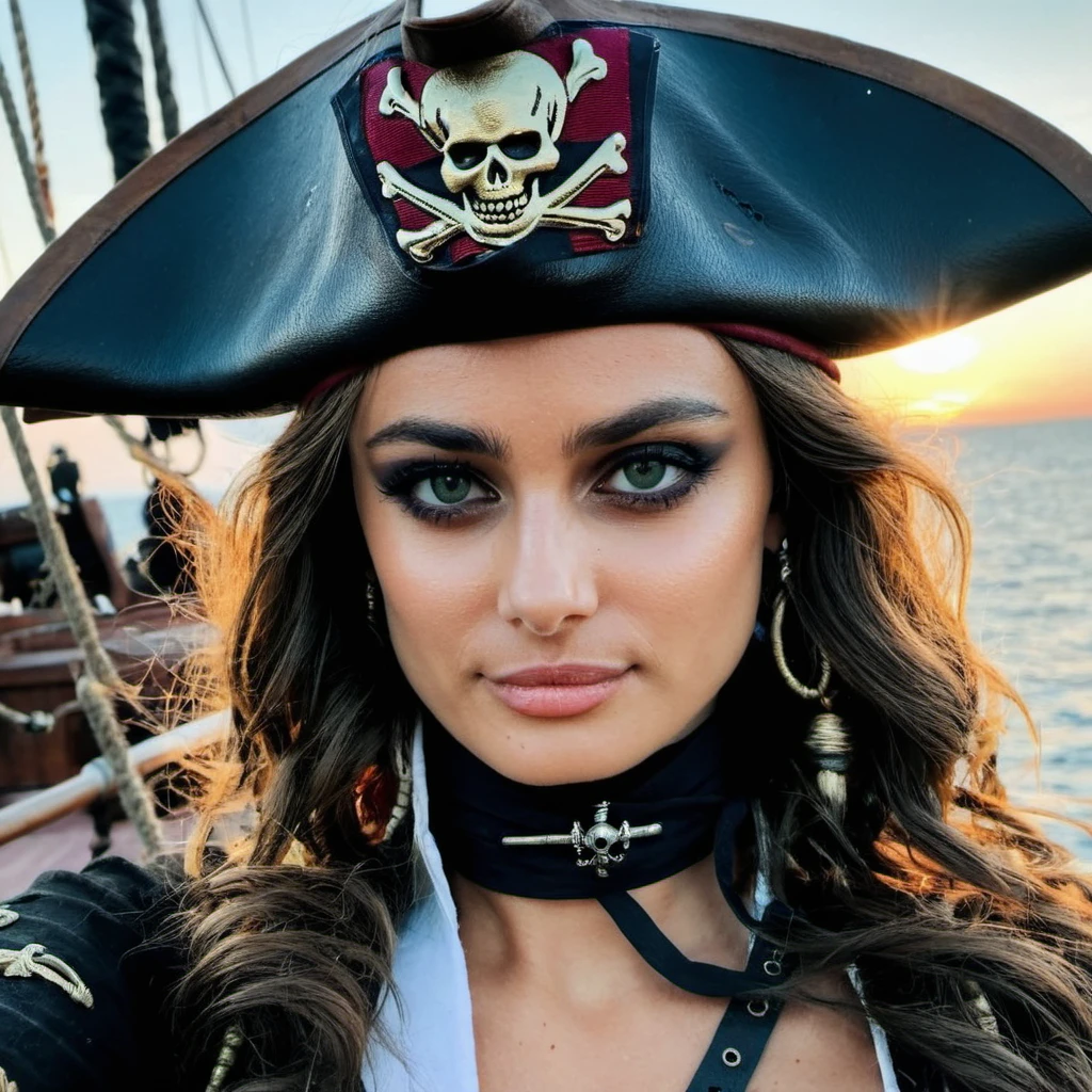 Skin Texture, Instagram iPhone Portrait photo of a woman wearing a pirate outfit on the open seas, Nikon Z9, (sharp focus), (high quality), <lora:tayhill_xl_1_standard_merger_26_42_96_04_03_03:1>, perfect eyes