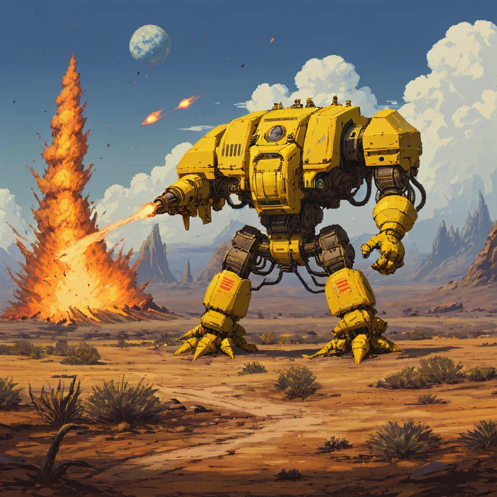 a four meter tall yellow drdnght machine with rocket launcher and flamethrower walks across an alien battlefield searching for enemies, rockets streak across the sky and explode into the landscape,