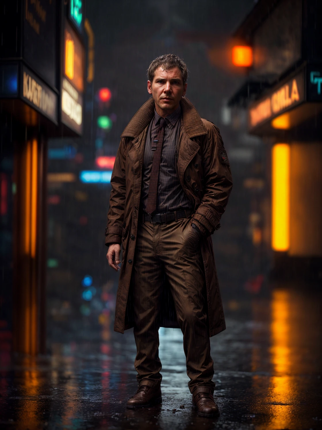 dck, (full body shot:1.2),(rainy:1.2),brown jacket,shirt and tie,cloudy,cyberpunk,volumetric lighting,masterpiece,cinematic,add_detail
