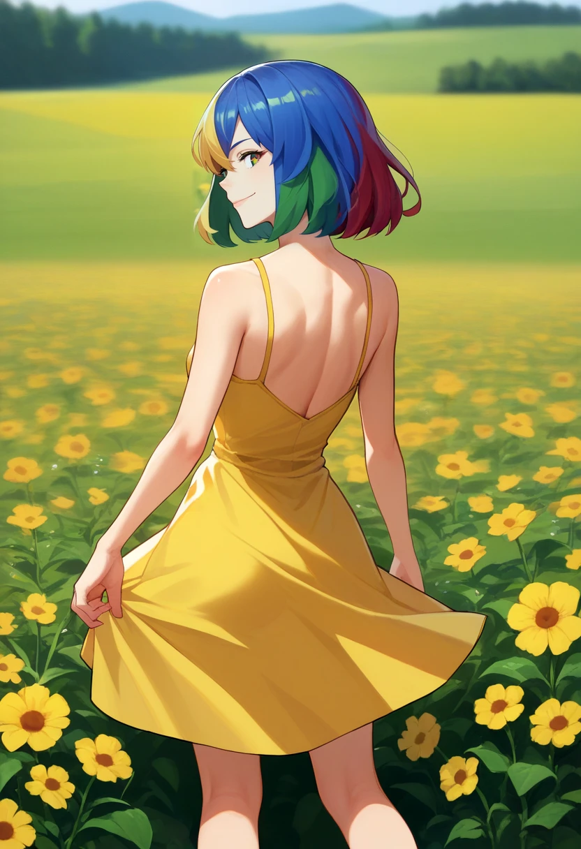 score_9, score_8_up, score_7_up, source_anime, solo, 1girl, googlechrome, smile, looking back, standing, multicolored eyes, yellow sundress, bare shoulders, flower field <lora:gijinkaseries_googlechrome_ponyXL-000006:1>