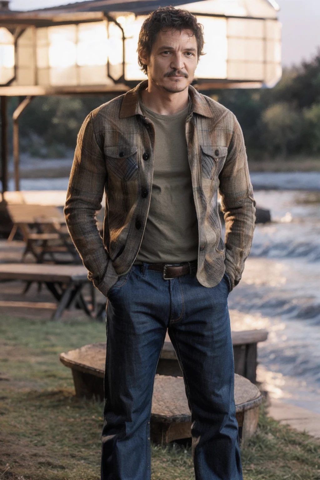 <lora:pedropascal:0.9> pedropascal, a man, Plaid shirt and rolled-up jeans, moonlit bay
